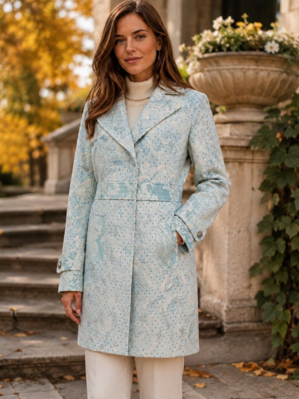 True Meaning Women’s Size 6 Long Jacquard Floral Polka Dot Coat Sage Green